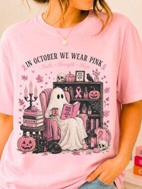 In October We Wear Pink Shirt Breast Cancer Awareness Halloween Ghost Tee